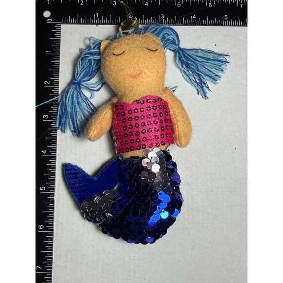 Sequin Mermaid Plush Ornament With Blue Yarn Hair & Gold Loop For Hanging - Picture 4 of 4